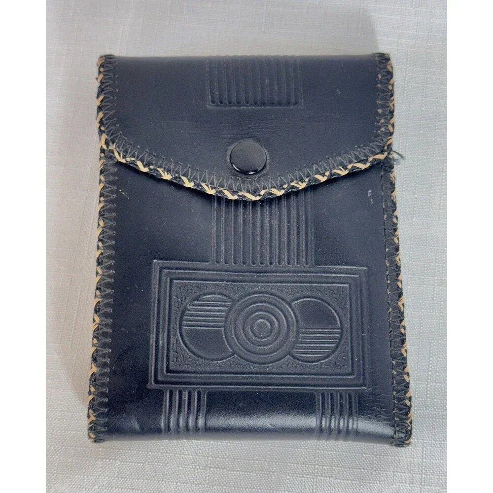 Vintage Western Genuine Cowhide Leather Tri-Fold Wallet Black Art Deco Design